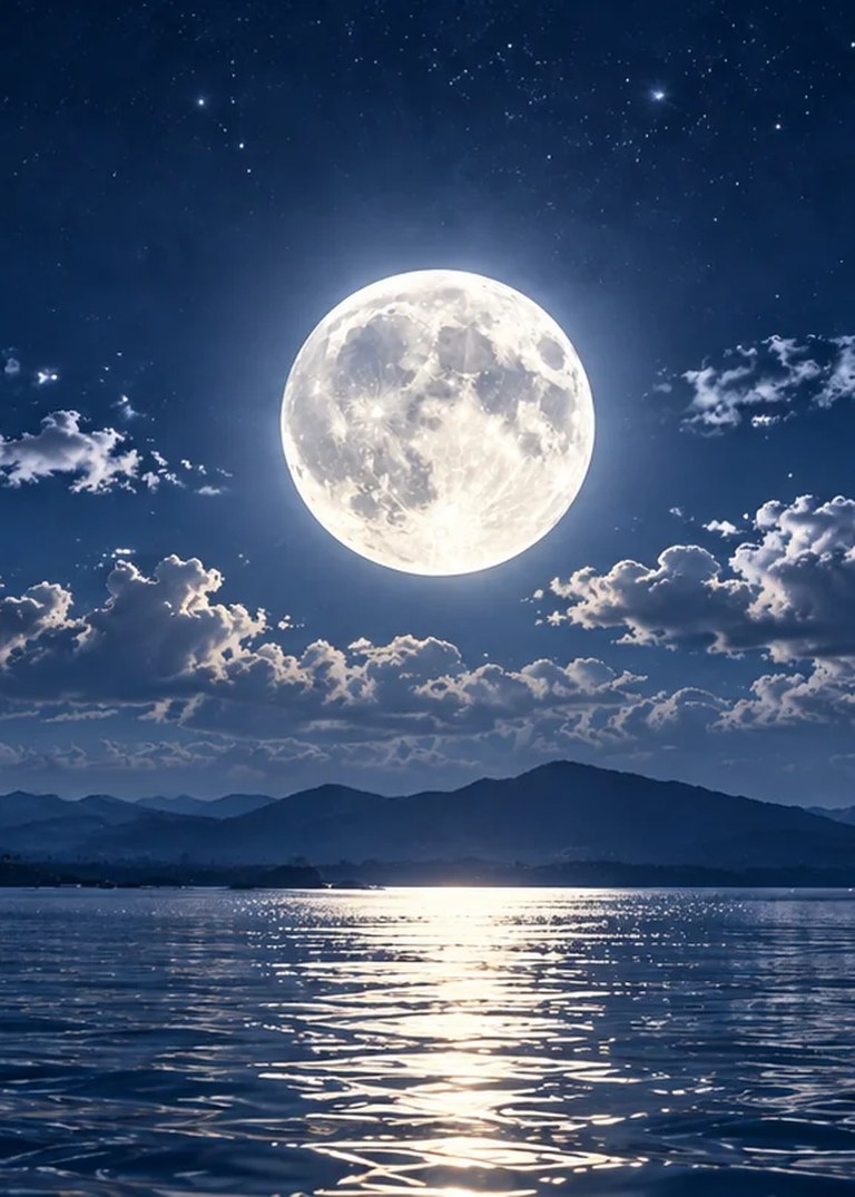 A luminous full moon above moonlit clouds and a silver lake
