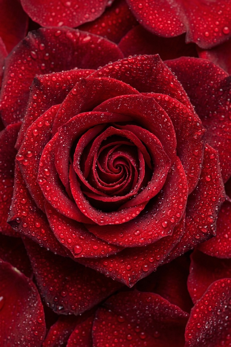 Crimson rose with velvet petals and dew drops