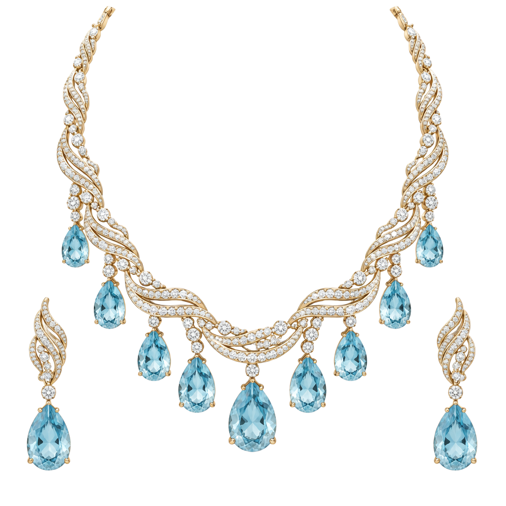 Ocean-inspired diamond and aquamarine necklace with matching earrings