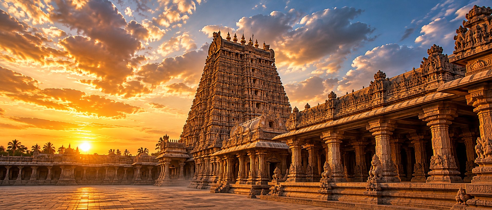 Ornate South Indian temple gopuram and carved pillared hall at golden sunset